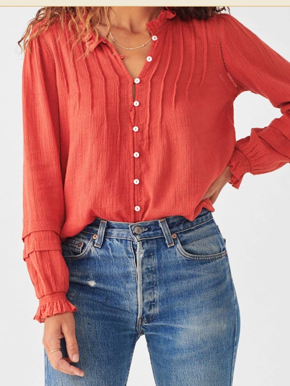 Faherty Wila Women’s Ruffled Button-Front Blouse Organic Cotton Size M EUC Fall
